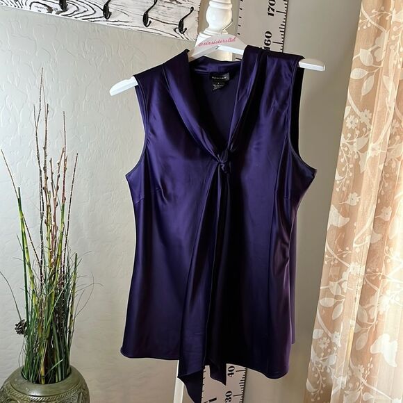 𝅺spense dark purple silky blouse with attached scarf. Sleeveless. Size large. - Picture 5 of 9